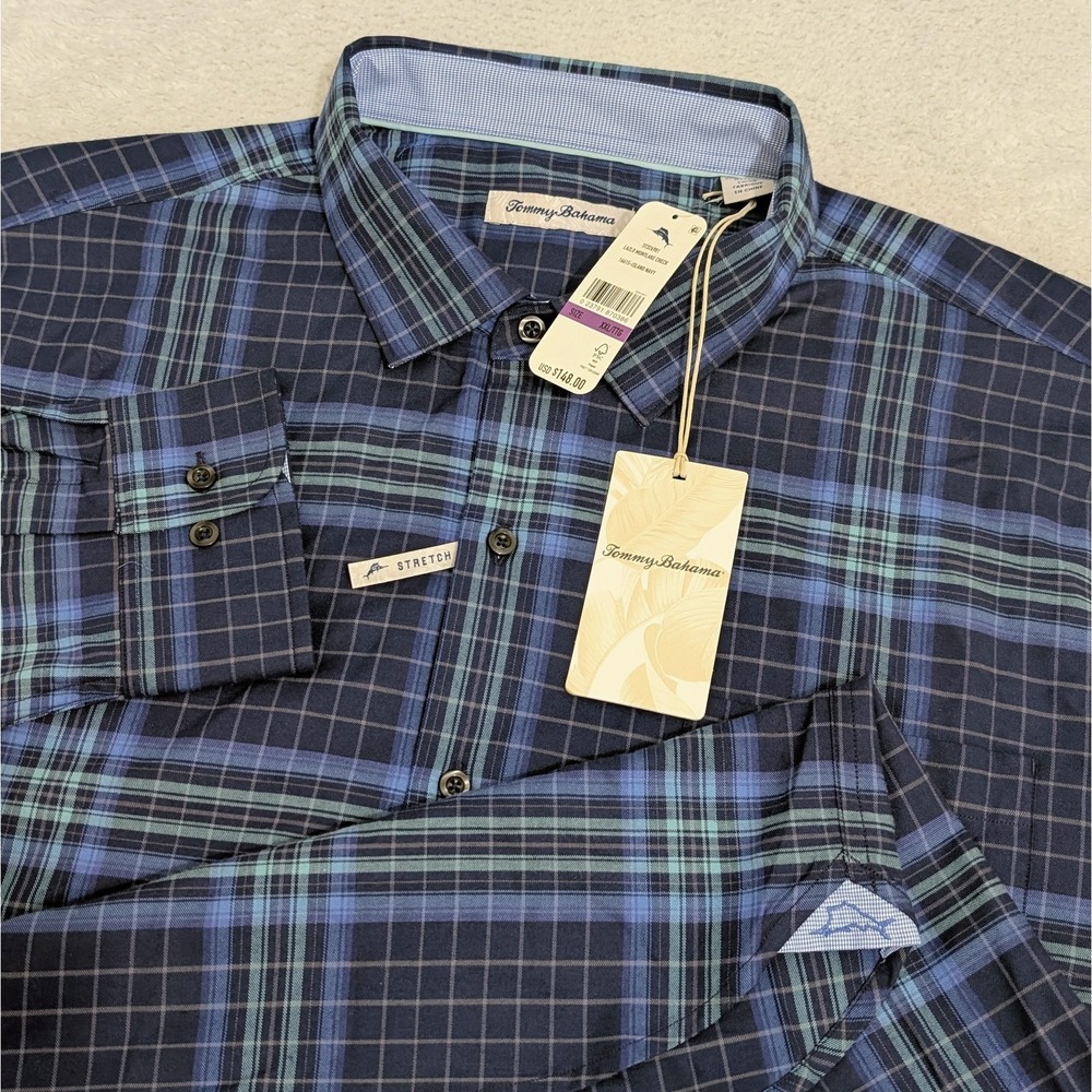 NEW Tommy Bahama Mens 2XL Long Sleeve Shirt LAZLO MONTLAKE CHECK ISLAND NAVY NWT